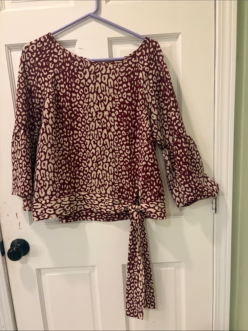 MICHAEL Michael Kors Burgundy and Cream Leopard-Print Tie-Waist Blouse